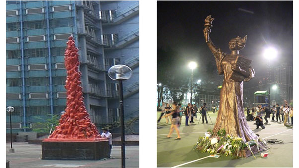 Before their removal, (left) the Pillar of Shame at the University of Hong Kong. 